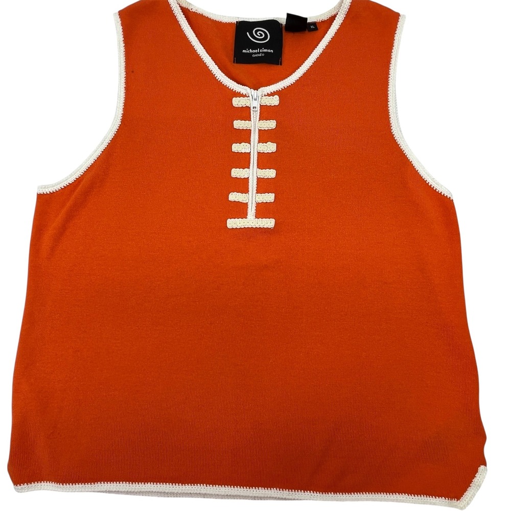 Vtg Michael Simon Sweater Vest Orange W/Sequin Football Design Sz XL1/4 Zip READ